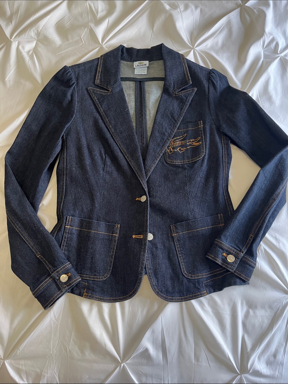 Lacoste Dark Indigo Denim Blazer with Embroidered Crocodile, 42